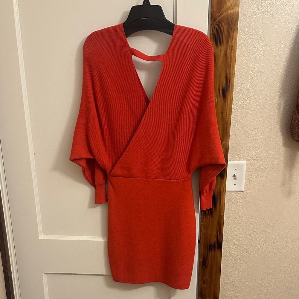 Bold Burnt Orange Backless Mini Sweater Dress